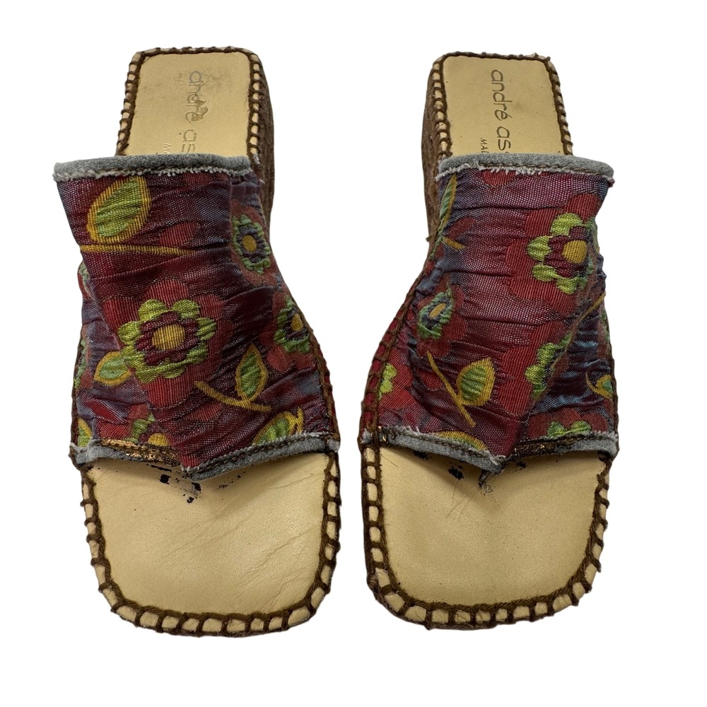 Andre Assous Espadrille Platform Slides Womens 6 Burgundy Floral Boho *FLAW*